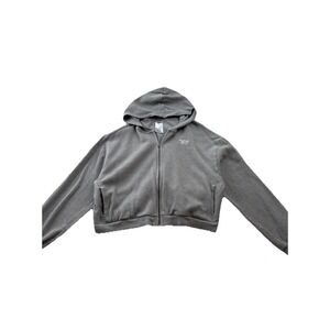 Reebok Women's Gray Waffle Knit Cropped Zip Hoodie Jacket Size L Athleisure Gym